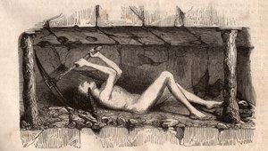 A young man, lying on the ground and picking the ceiling of a tunnel in an English coal mine by Unknown
